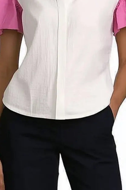 Basic Casual Top Shirt Collar White Ruffle Short Sleeve Top