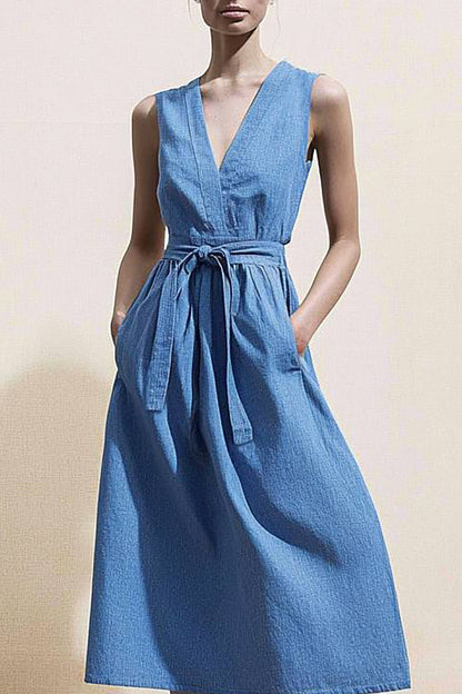 Casual Daily Denim Dress Crossed Neck Sleeveless Pocketed Midi Dress