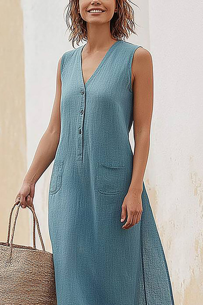 Casual Vacation Dress Sleeveless V-Neck Button-Up With Pocket Maxi Dress