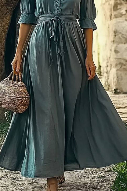 Casual Bohemian Dress Lace V-neck Short Sleeve Tie Maxi Dress