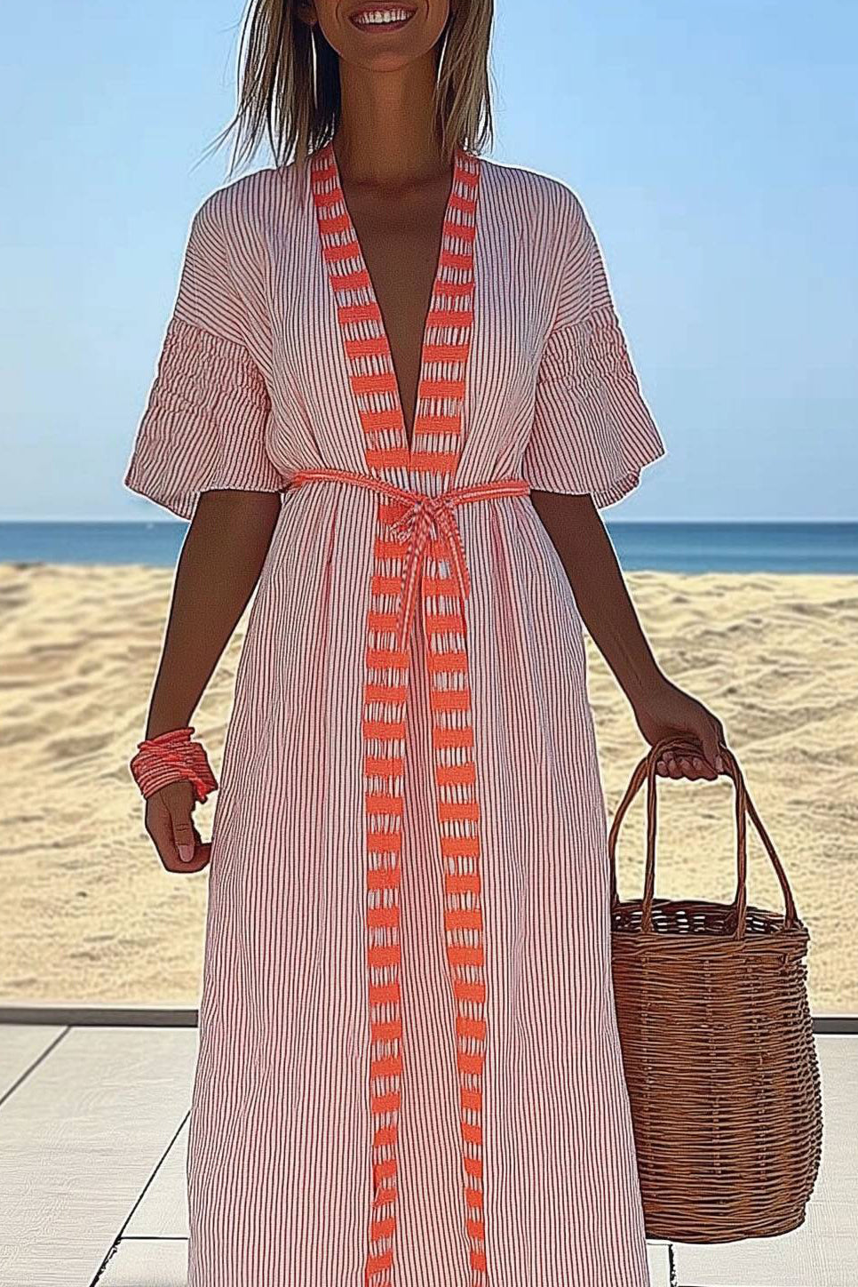 Beach Vacation Linen Dress Deep V-Neck Orange Striped Tied Maxi Dress