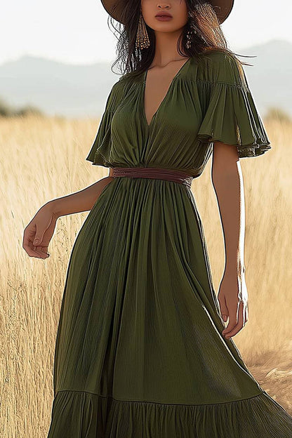 Bohemian Vintage Dress Green V-Neck Ruffled Sleeve Maxi Dress