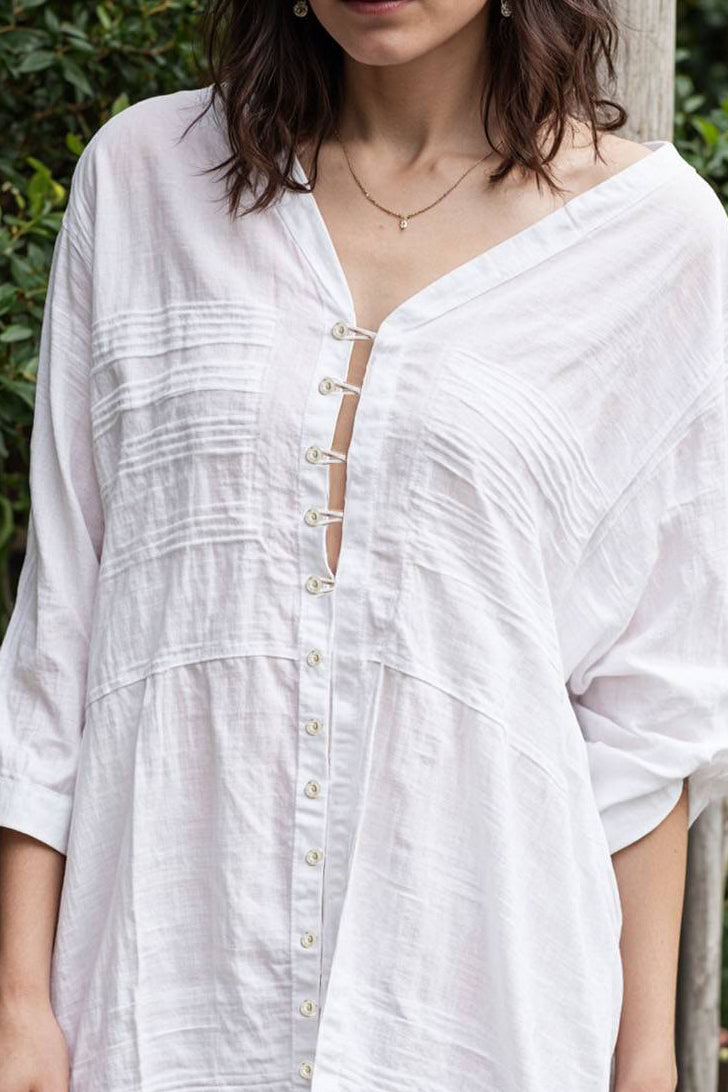 Travel Vacation Shirt Button V-neck Long Pure White Top