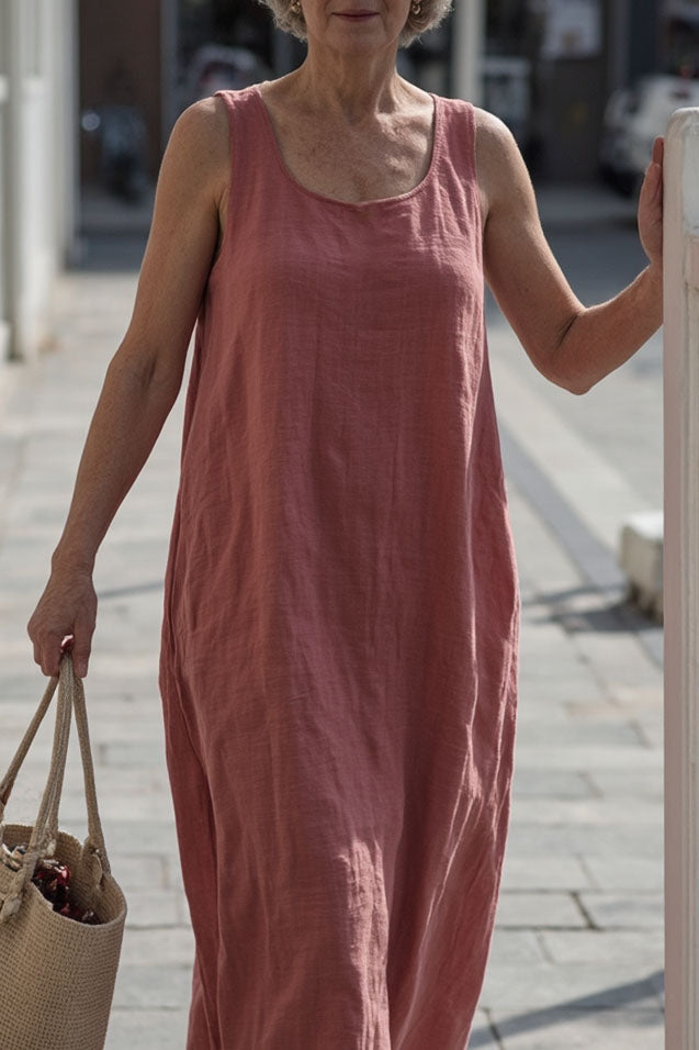 Casual Linen Loose Dress Light Red Crew Neck Sleeveless Midi Dress