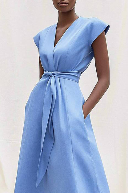 Chic Casual Dress Belted Crossed Neck Pocketed Midi Dress