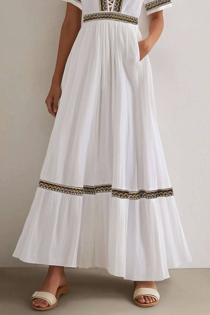 Bohemian Beach Dress Ethnic Style Deep V Hollow Out Pocketed Maxi Dress