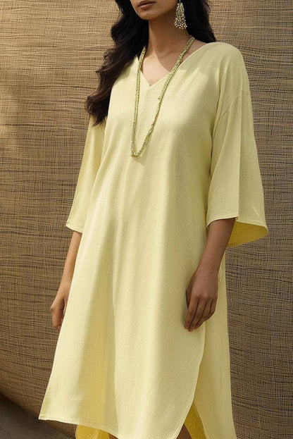 Vacation Casual Loose Dress Linen Light Yellow V-Neck Side Slit Maxi Dress