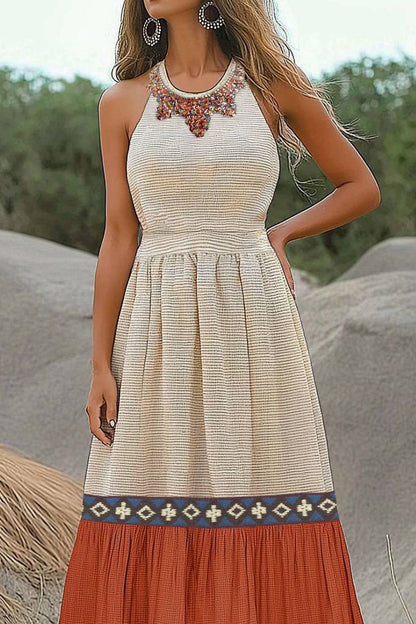 Bohemian Vacation Linen Dress Halter Color Block Maxi Dress