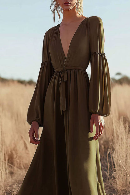 Bohemian Casual Dress Green Long Sleeve Deep V Chiffon Maxi Dress