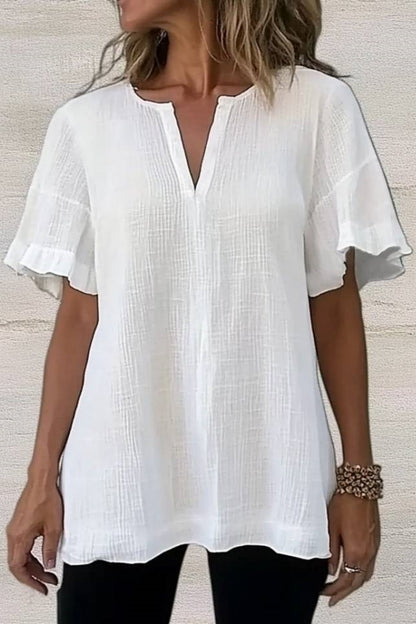 Basic Casual Top V Neck White Ruffle Short Sleeves