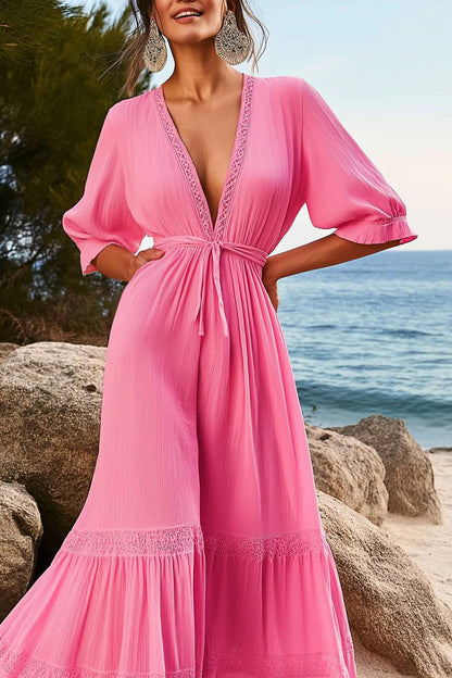 Casual Vacation Linen Dress Pink Tie Deep V Maxi Dress