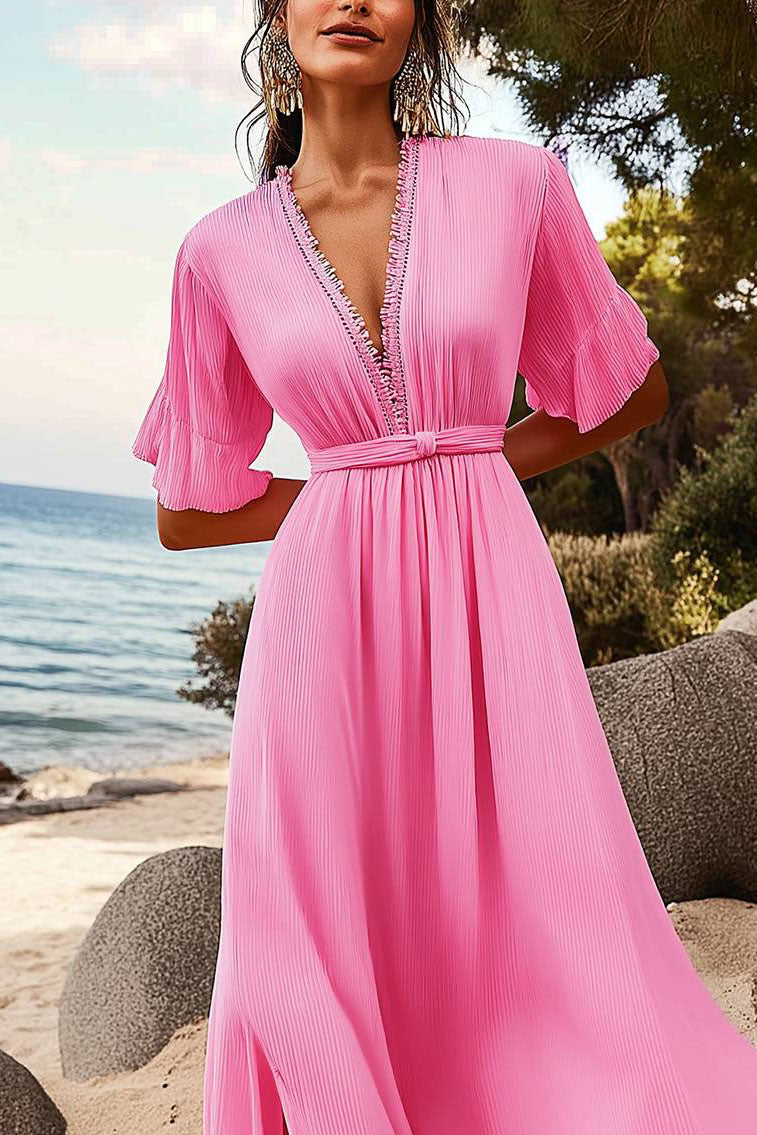 Casual Vacation Linen Dress Pink Side Slit Deep V Maxi Dress