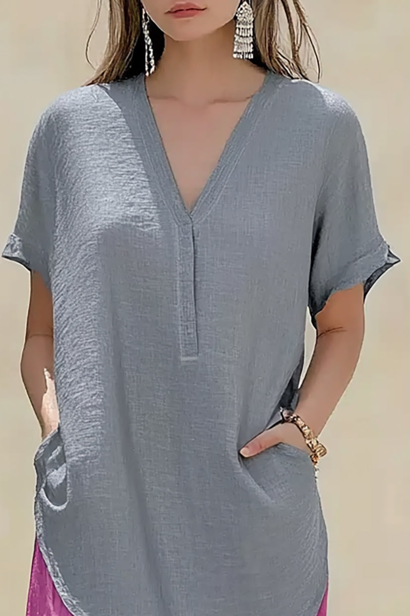 Casual Vacation Top Linen Y-neck Grey Side Pocket Top