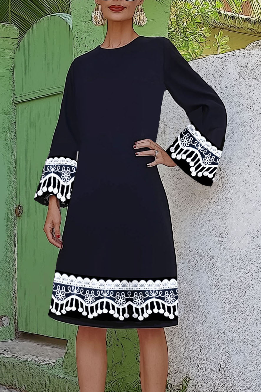 Casual Daily Dress Lace Long Sleeve Crew Neck Knee-Length Dress