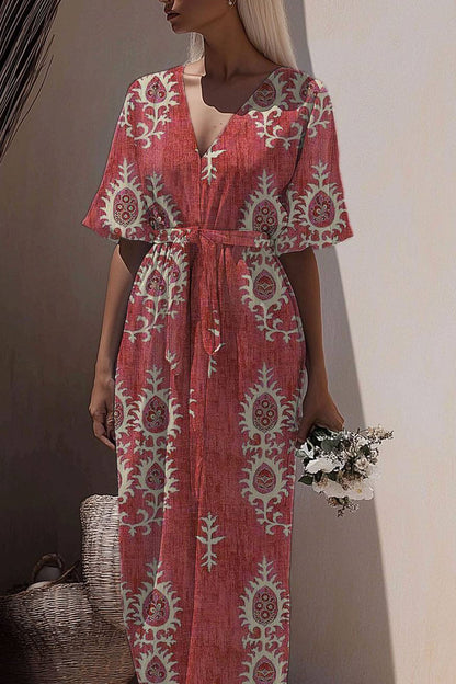 Bohemian Print Dress Red V-Neck Tie Waist Maxi Dress