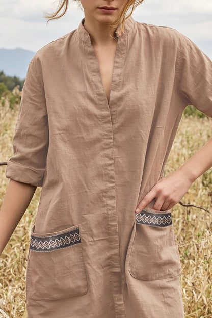 Vintage Casual Dress Light Brown V-Neck with Pocketed Mini Top