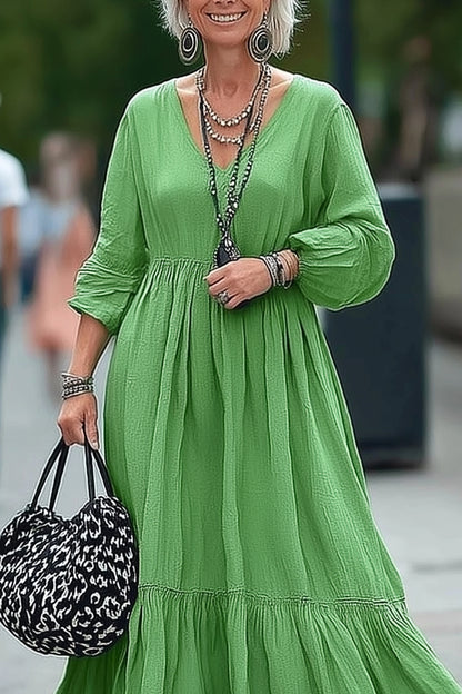 Vacation Casual Loose Dress Green V-Neck Long Sleeve Maxi Dress