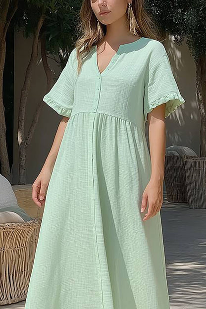 Vacation Casual Dress Light Green Buttoned Round Neck Maxi Dress