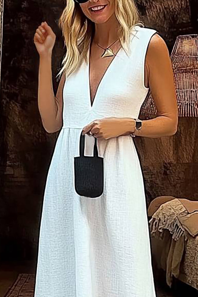 Daily Casual Linen Dress Deep V-neck Simple Sleeveless Maxi Dress