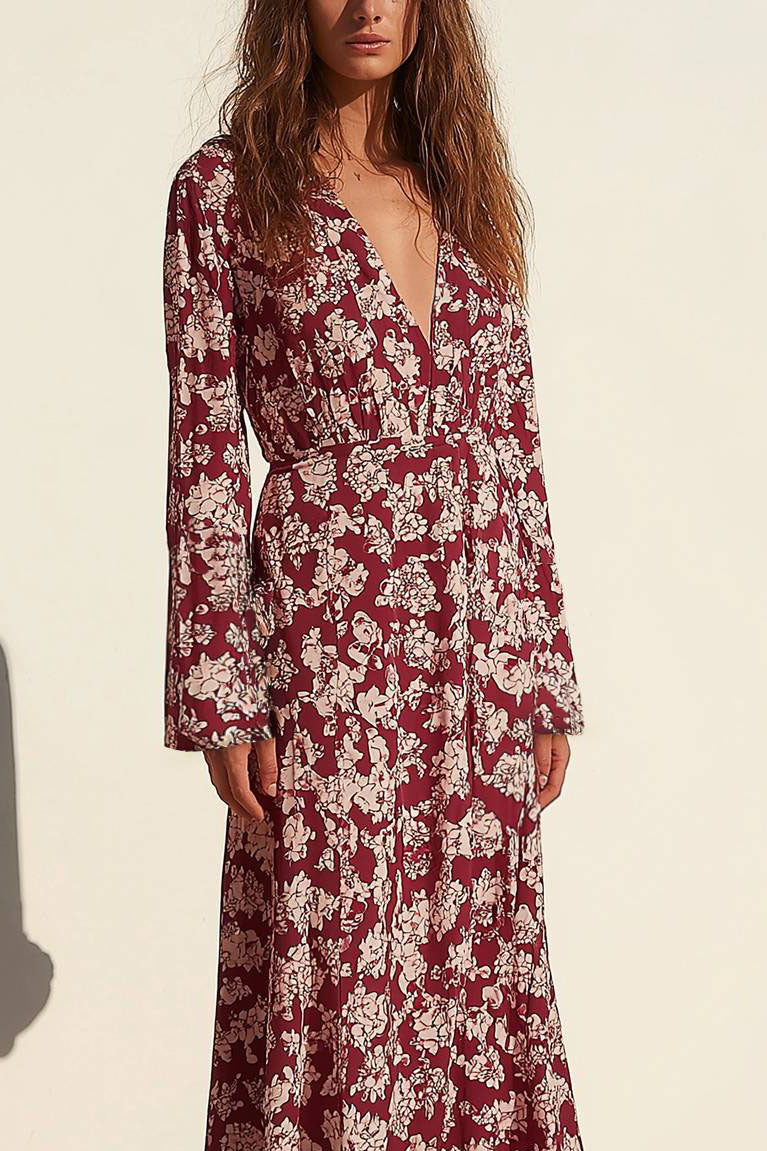 Casual Daily Floral Dress Deep V Long Sleeve Floor-Length Dress