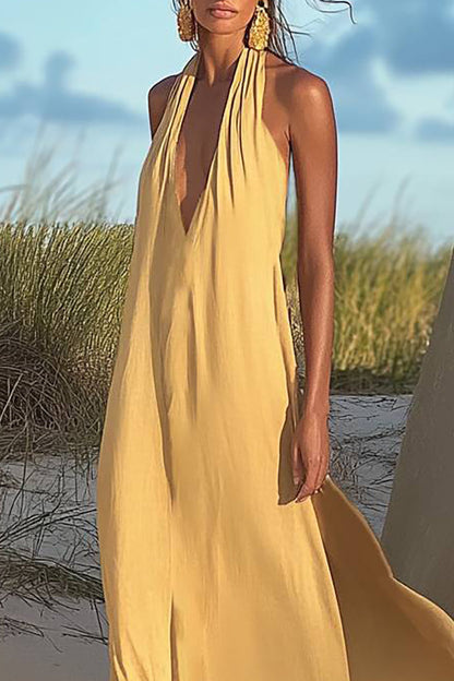 Bohemian Linen Dress Halter Deep V Loose Maxi Dress