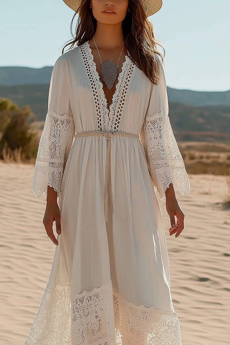 Bohemian Vacation Lace Dress Deep V Long Sleeve Belted Maxi Dress