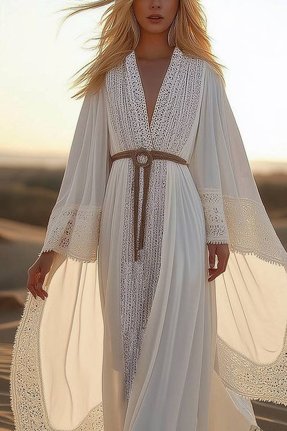 Vacation Casual Lace Dress Deep V Loose Cape Sleeve Belted Floor-Length Dress