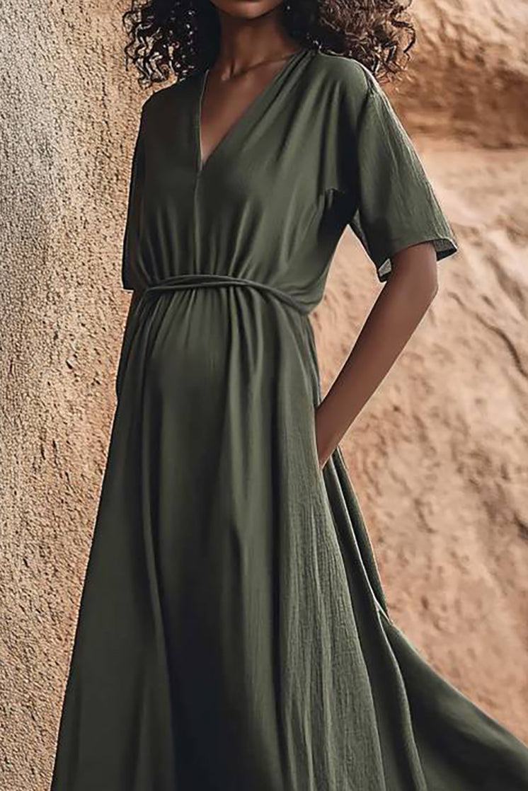 Bohemian Vintage V-neck Pocket Linen Flowing Maxi Dress