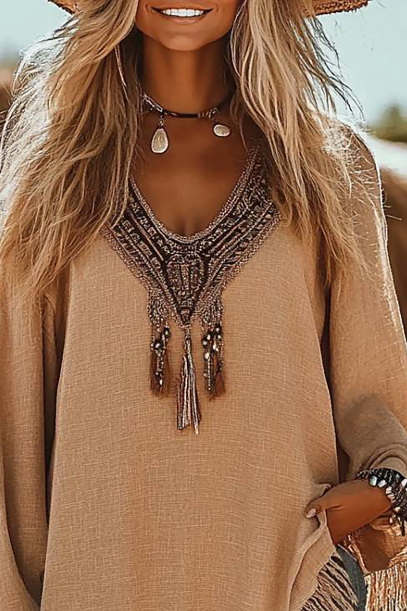 Bohemian Casual Top U-Neck Brown Fringe Linen Long Sleeve Top