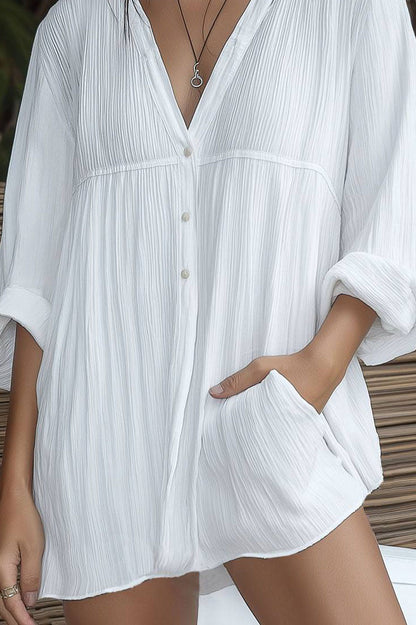 Casual Daily Tops Pleated Long Sleeve Deep V Pocketed Mid-length Shirt