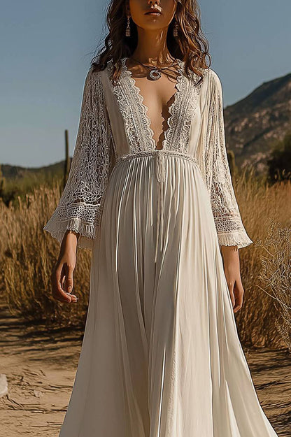 Bohemian Vacation Lace Dress Deep V Long Sleeve Tied Chiffon Maxi Dress