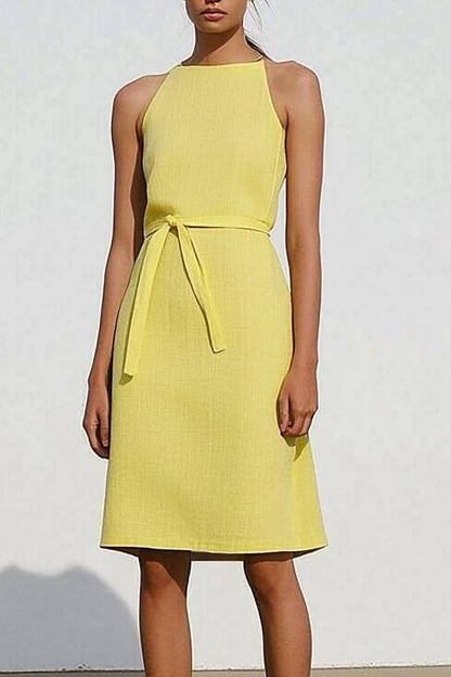 Chic Linen Dress Sleeveless Tied Yellow Knee-Length Dress