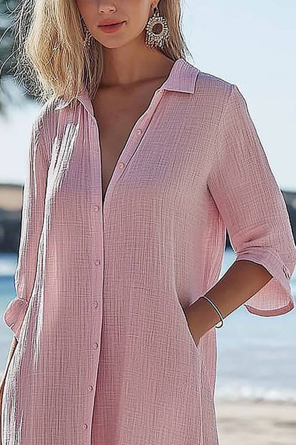 Casual Daily Linen Shirt Button-Up Collared Long Sleeve Pocketed Tops