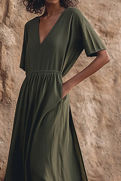 Bohemian Casual Dress Linen V-neck Pocket Maxi Dress