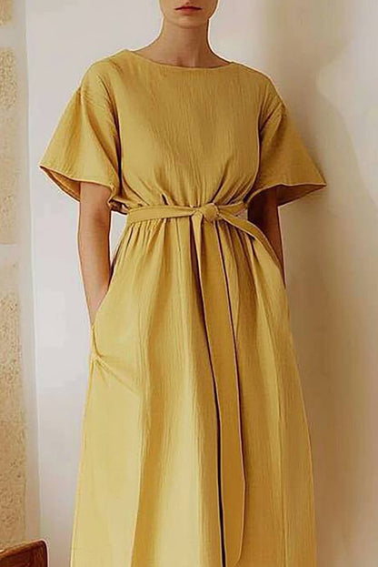 Vacation Casual Dress Yellow Linen Loose with Pockets Midi Dress