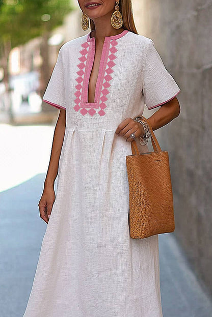 Vacation Casual Linen Dress Deep V-Neck Pink Woven Strap Maxi Dress