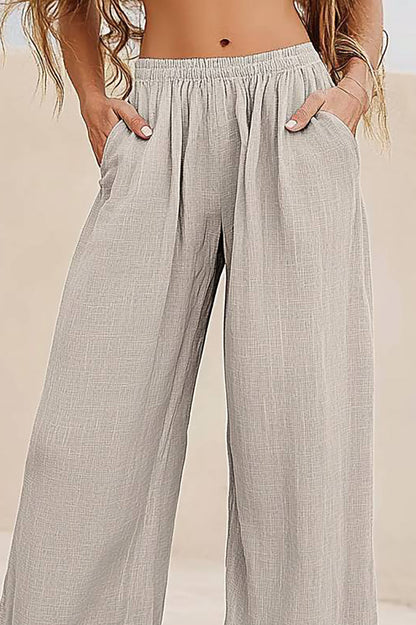 Bohemian Casual Long Pants Elastic Waist Linen Grey Pocket Pants