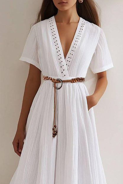 Casual Bohemian Dress Cross V-Neck Belt with Pockets Maxi Dress