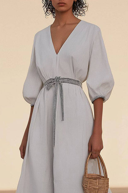 Casual Holiday Dress V-Neck Puff Sleeves Tie-Up Loose Cotton and Linen Dress