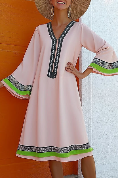 Casual Vacation Loose Dress V-Neck Pink Flare Sleeve Woven Strap Knee-Length Dress