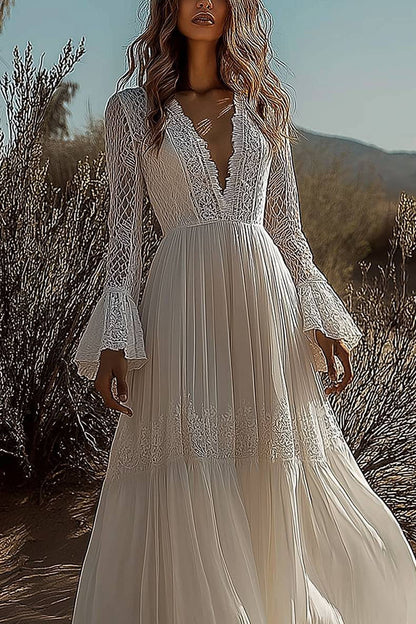 Bohemian Lace Dress Deep V Long Sleeve Ruffled Chiffon Maxi Dress