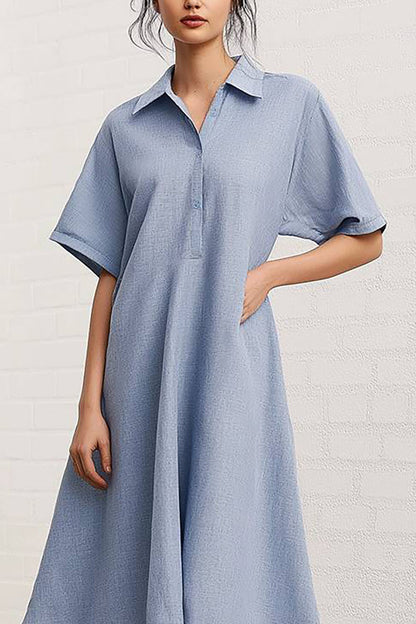 Casual Daily Loose Dress Blue Button-Up Collared Short Sleeve Shirt Dress