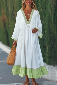 Vacation Casual Loose Dress White Green Deep V Long Sleeve Maxi Dress