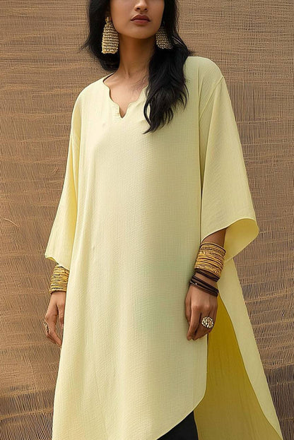 Casual Daily Loose Dress Linen Light Yellow V-Neck Side Slit Maxi Dress