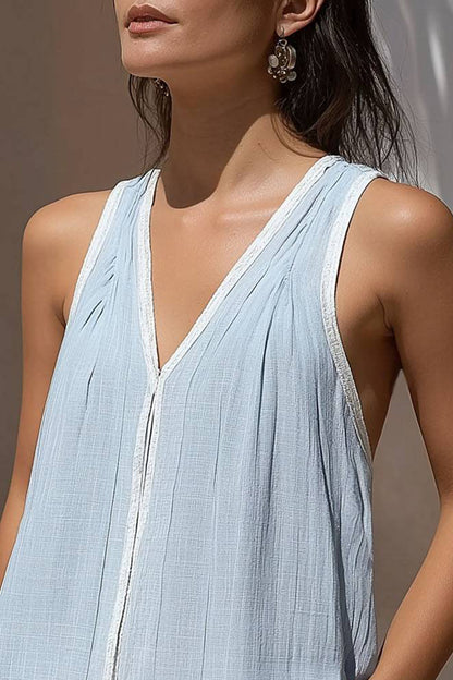 Casual Vacation Tops Sleeveless Linen Light Blue V-neck Top