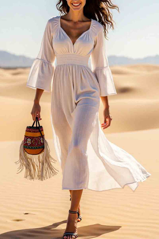 Vacation Casual Loose Dress White V Neck 3/4 Length Sleeve Maxi Dress