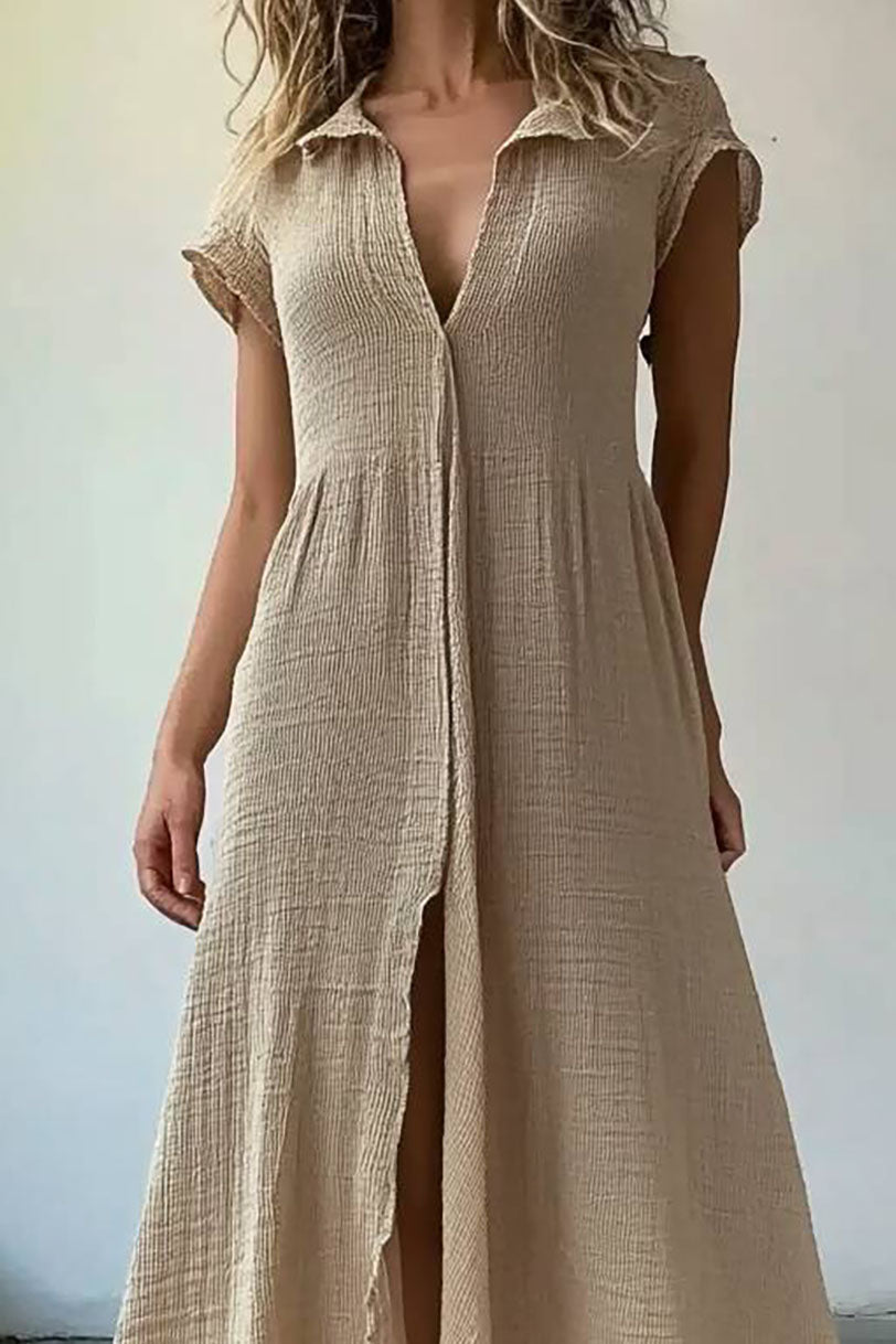 Vintage Casual Linen Dress Collared Side Split Maxi Dress