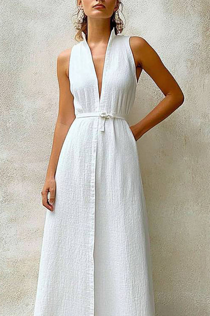 Casual Vacation Linen Dress White Deep V-Neck Sleeveless Tied Maxi Dress