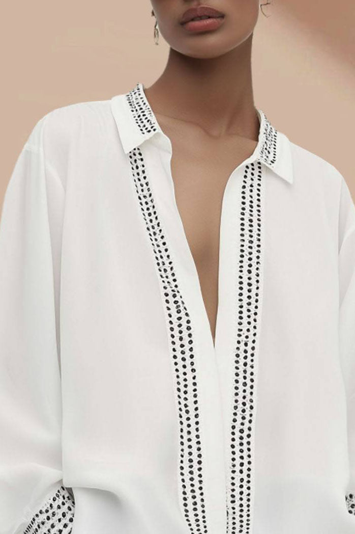 Chic Casual Shirt White Lapel Deep V Lantern Sleeve Tops