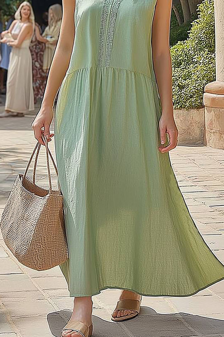 Vacation Casual Dress Light Green V-Neck Sleeveless Maxi Dress